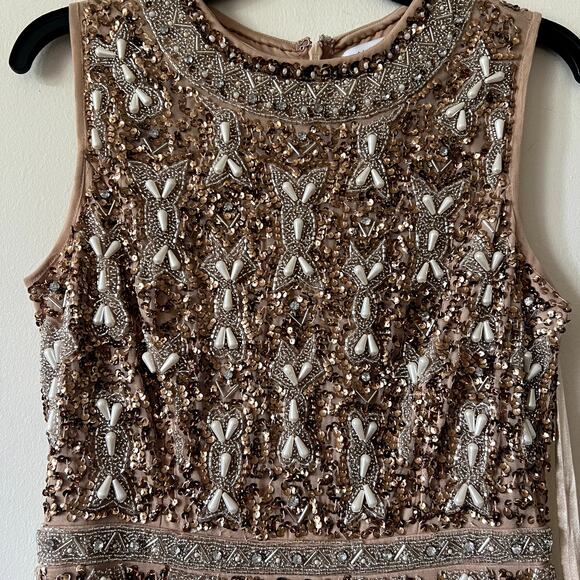 Mac Duggal Cocktail Dress Heavily Beaded brown midi dress size 6 C6 - Picture 6 of 11